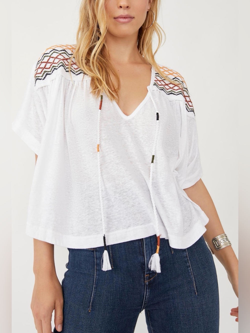 FREE PEOPLE Market Embroidered Top White M